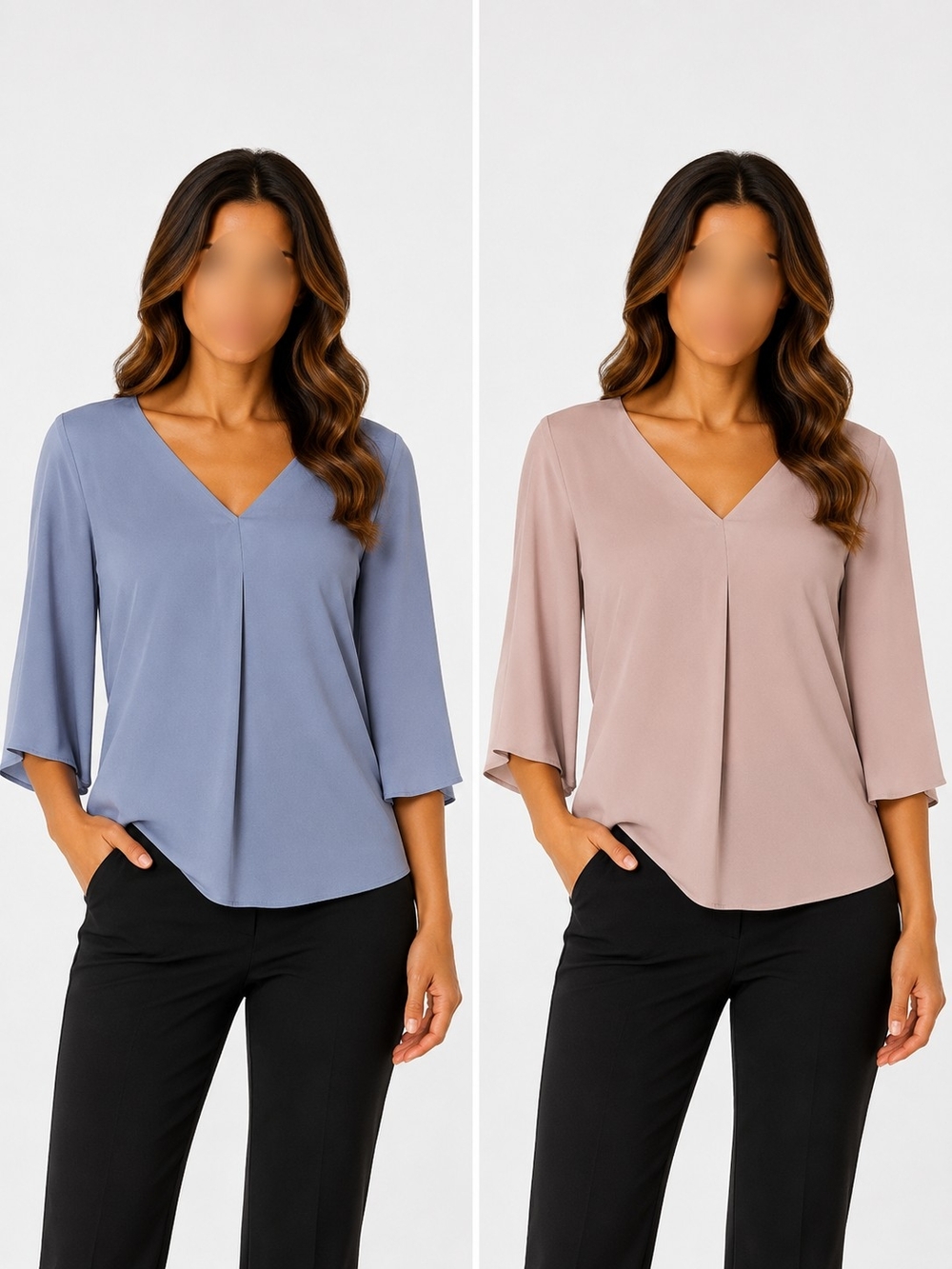 Brundle Of 2 V-Neck Pleated 3/4 Sleeve Women's Top - Blue or Taupe